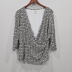 Talbots Womens Houndstooth Wrap Top Plus Size 1X Black Cream Stretch Fairy Artsy